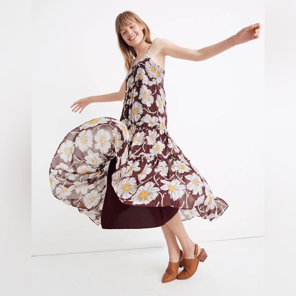 Madewell Brown Floral Midi Dress with White & Yellow Daisies